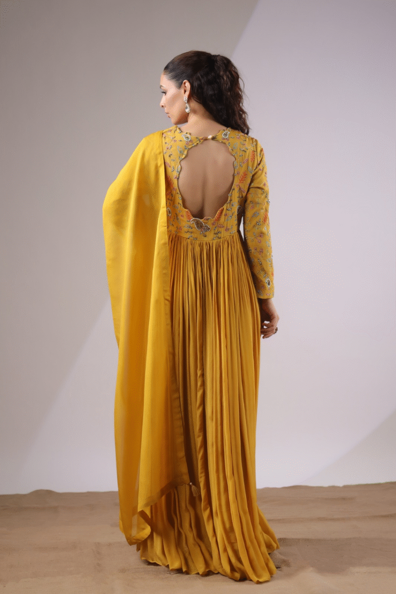 Ochre Yellow Gown With Handwork - Image 2