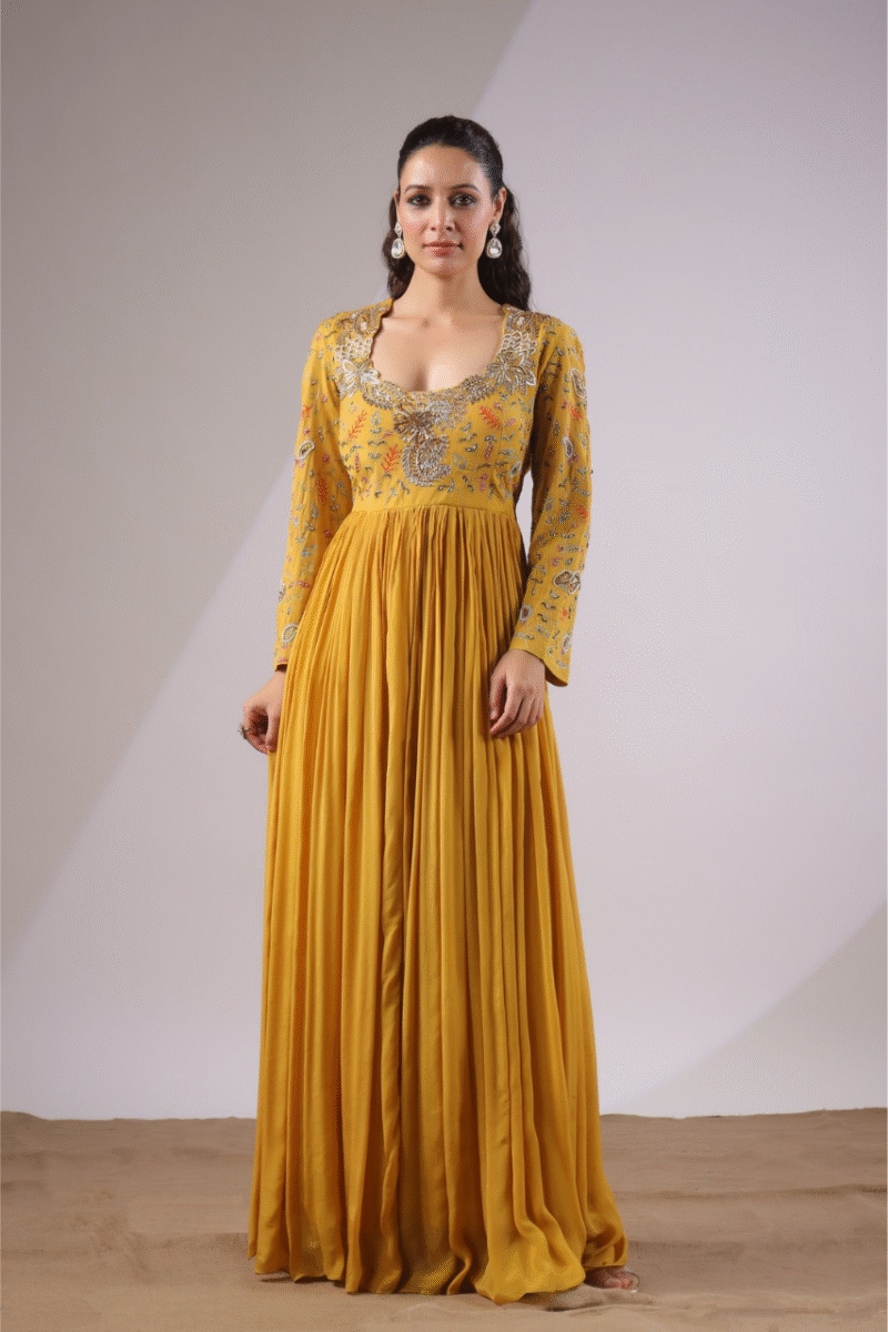 Ochre Yellow Gown With Handwork - Image 5