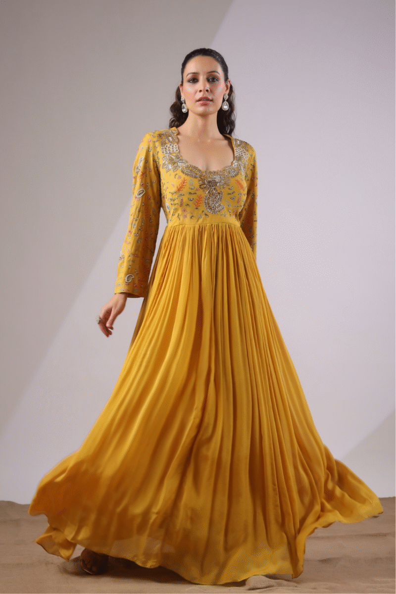 Ochre Yellow Gown With Handwork