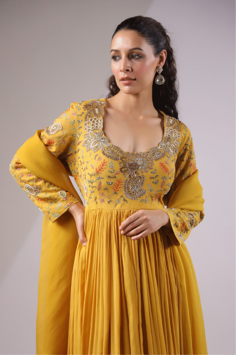 Ochre Yellow Gown With Handwork - Image 4
