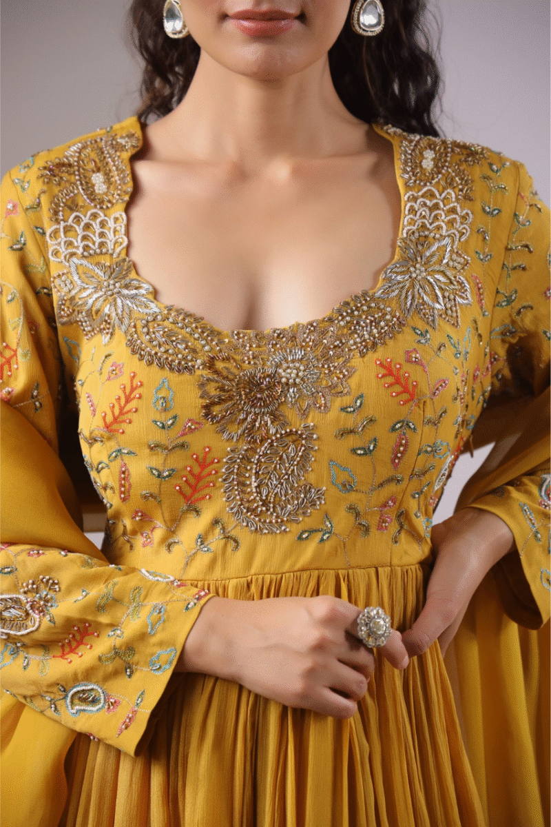 Ochre Yellow Gown With Handwork - Image 3