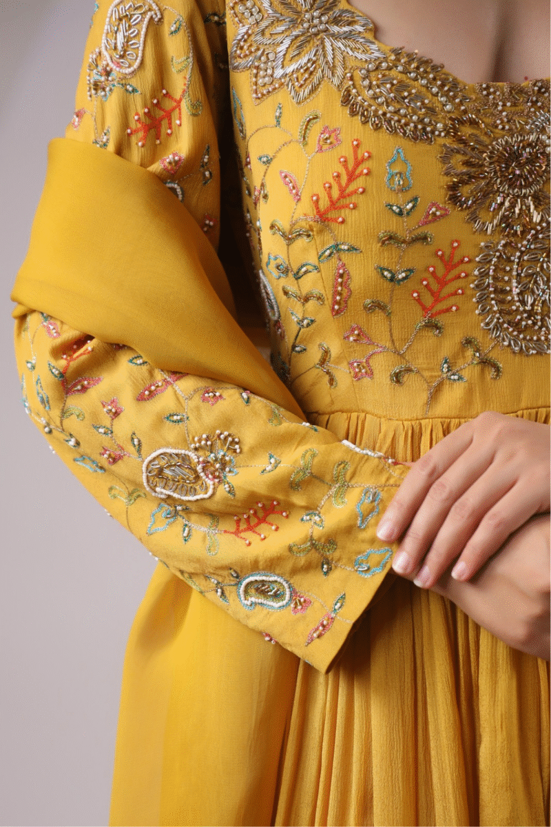 Ochre Yellow Gown With Handwork - Image 6