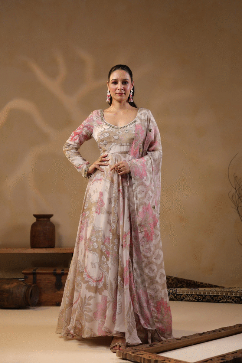 Dusty Pink Gown With Handwork - Image 3