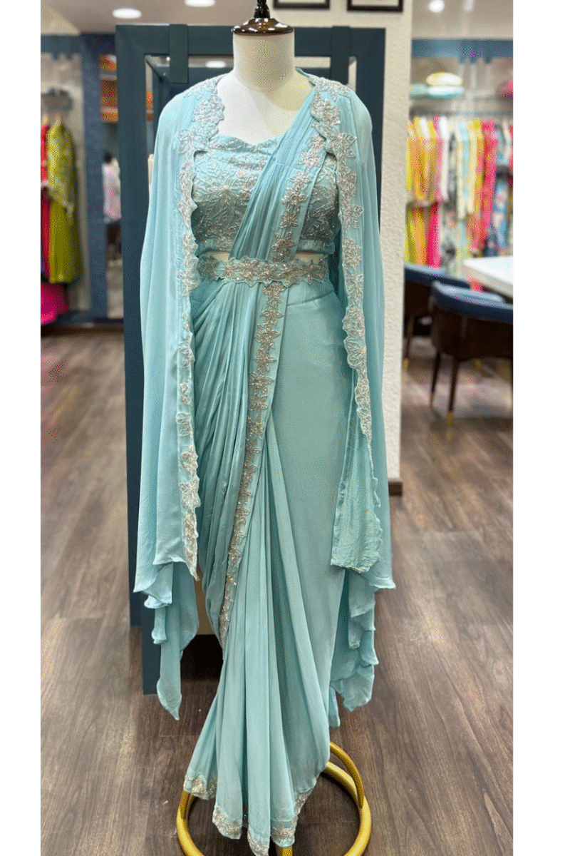 Pastel Blue Drape Saree With Jacket