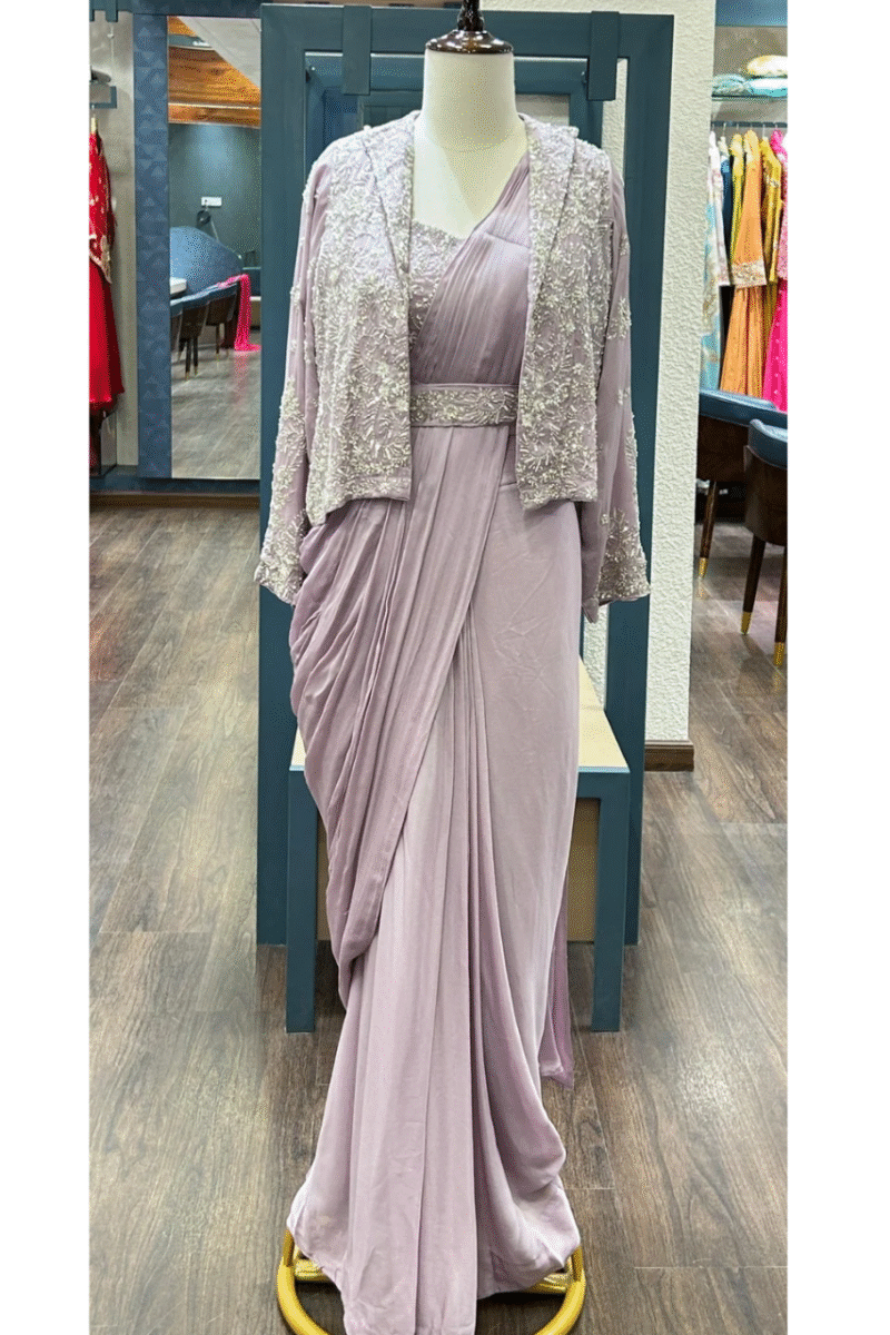 Pastel Lavender Drape Saree With Jacket - Image 2