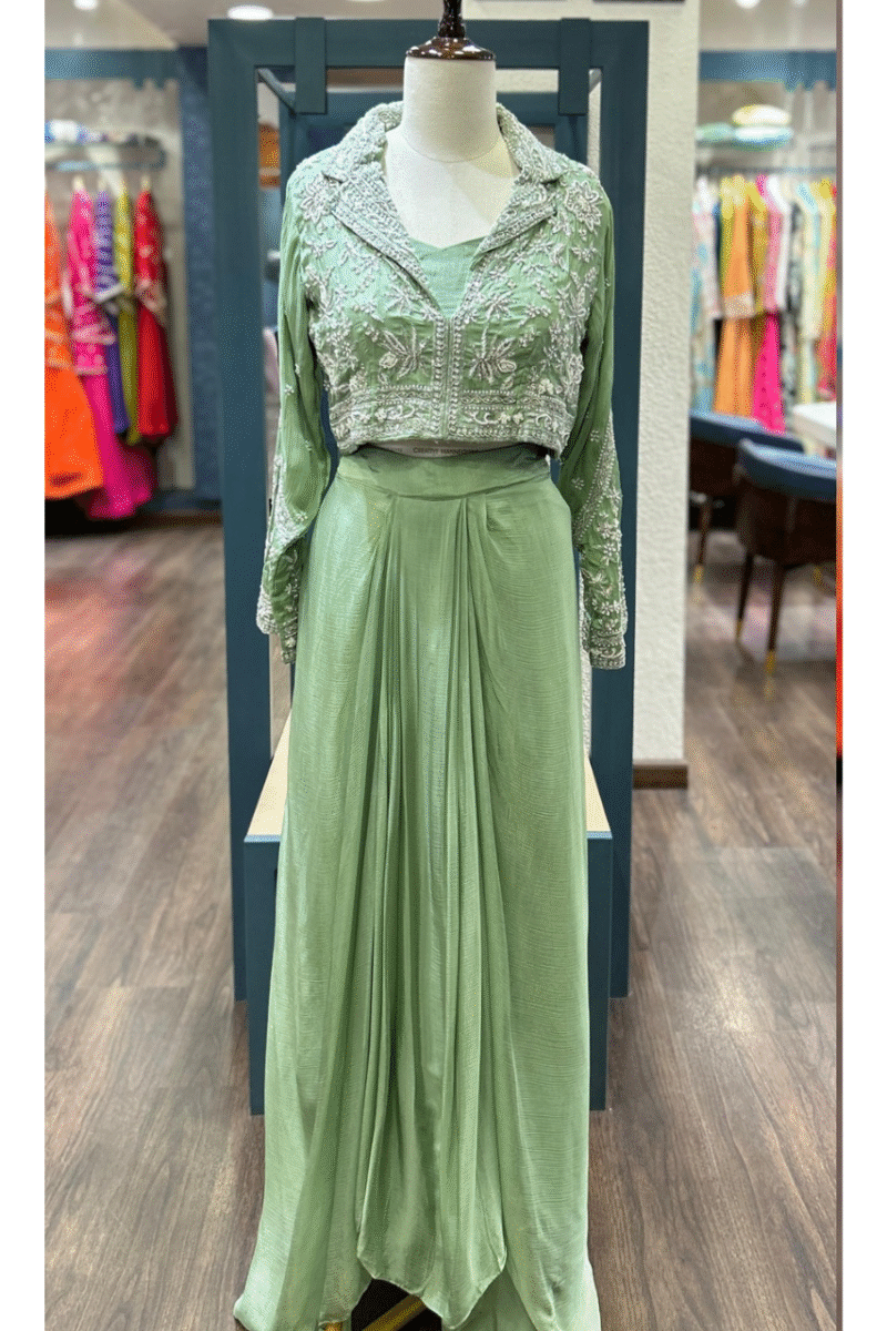 Pastel Green Indo-Western Drape Skirt With Jacket - Image 2