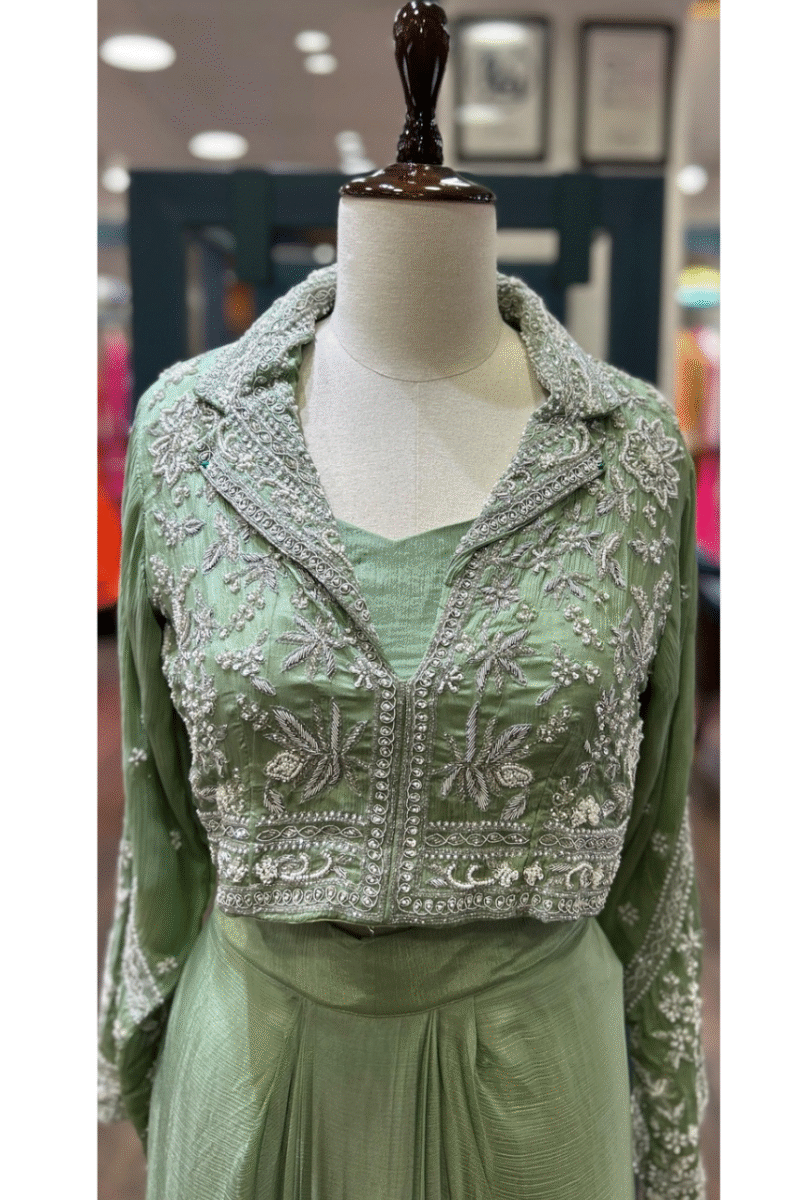 Pastel Green Indo-Western Drape Skirt With Jacket