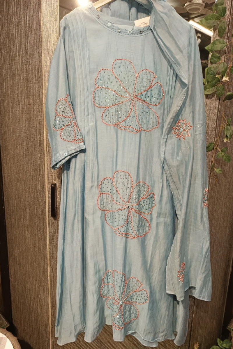 Sky Blue Mal Chanderi Kurta Set - Image 2