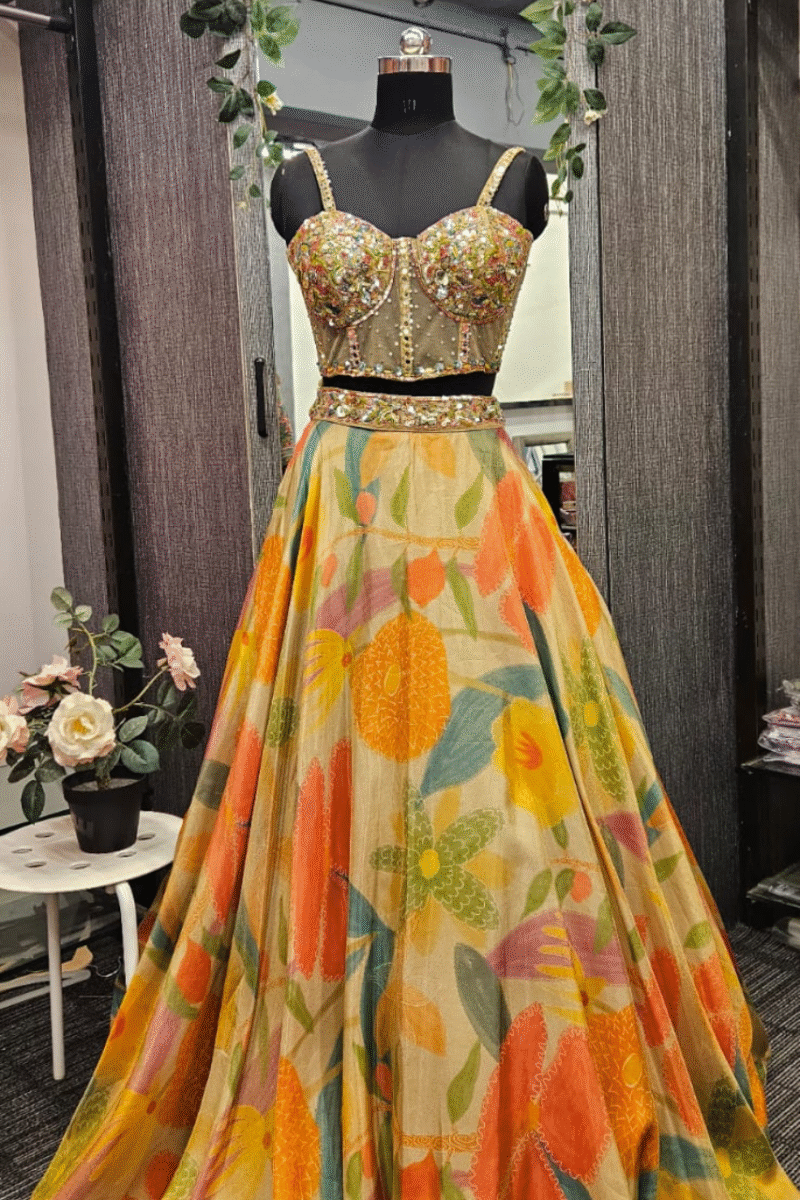 Elegant Yellow Floral Ghaghra With Cape - Image 3