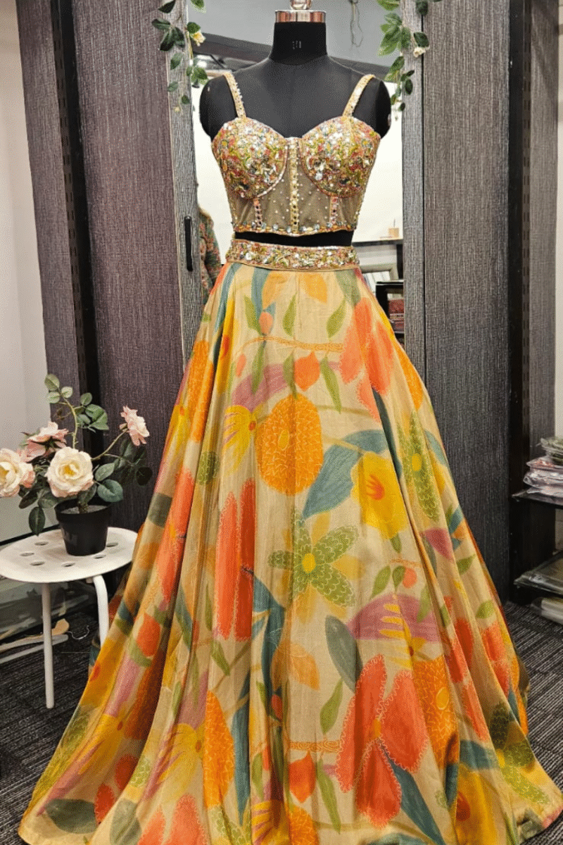 Elegant Yellow Floral Ghaghra With Cape - Image 4