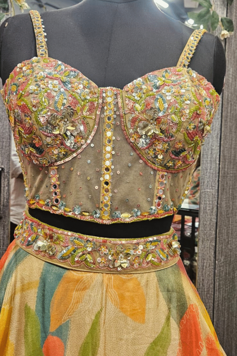 Elegant Yellow Floral Ghaghra With Cape - Image 2