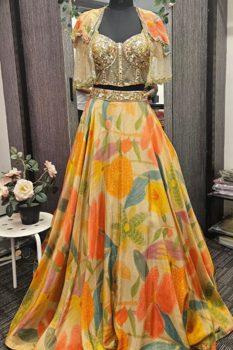 Elegant Yellow Floral Ghaghra With Cape