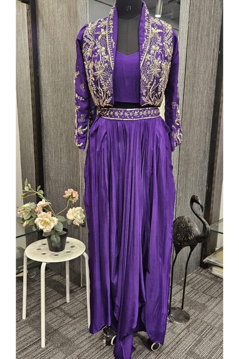 Purple Indo-Western Drape Skirt With Jacket - Image 2