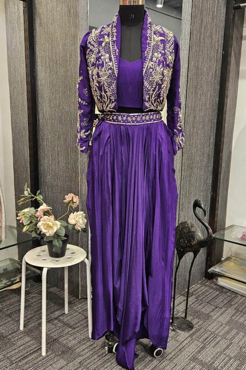Purple Indo-Western Drape Skirt With Jacket
