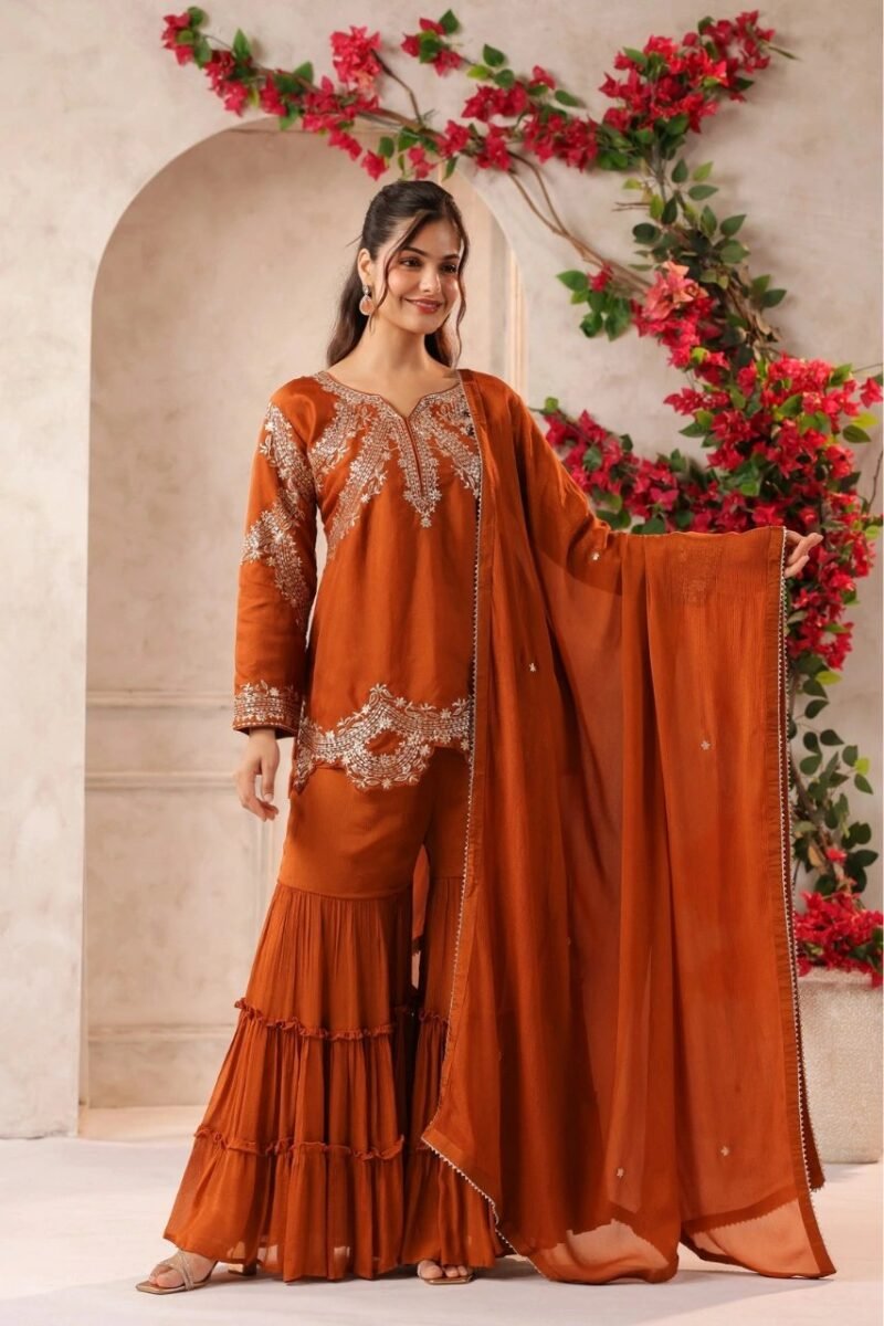 Rust Orange  Gharara Set With Zari Work