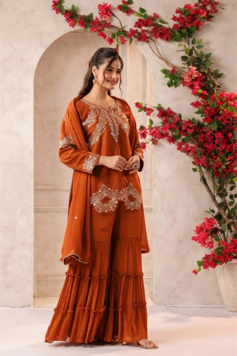 Rust Orange  Gharara Set With Zari Work - Image 3