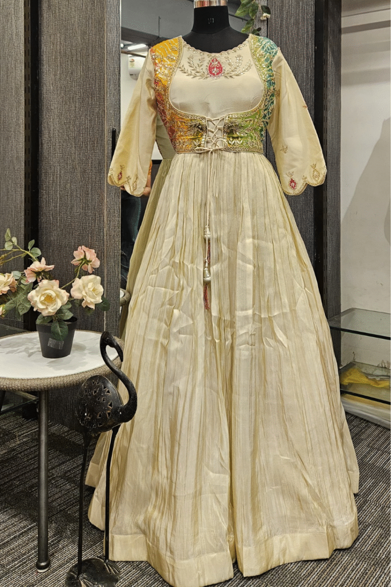 Elegant Off White Gown With  Gotta And Marodi Work