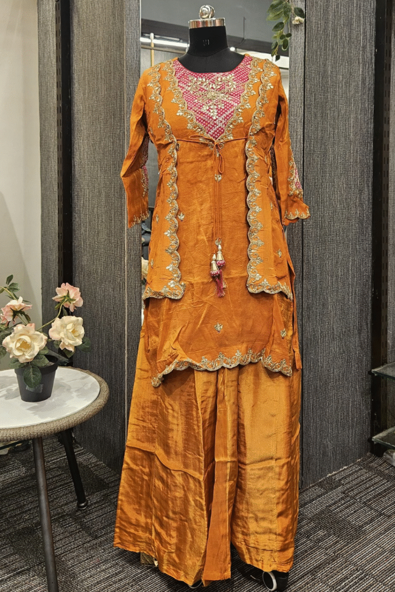 Rust Elegance: Kurti Plazzo Set With Jacket