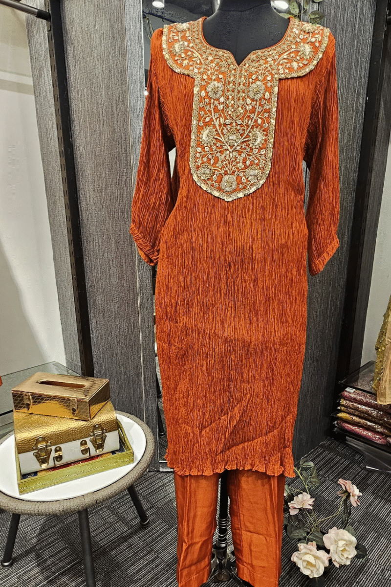 Crushed Kurti Set Handcrafted With Sequence And Zardoshi Embellishments