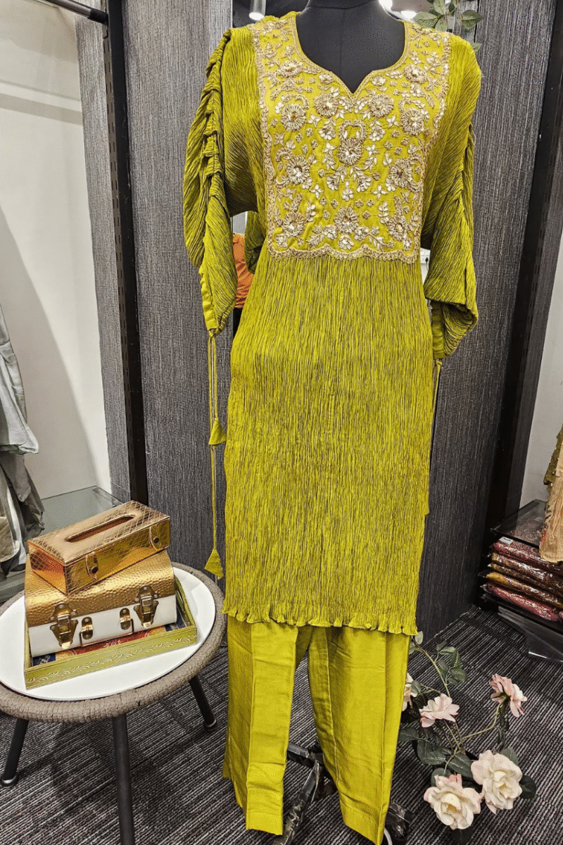 Crushed Kurti Set Handcrafted With Gotta And Zardoshi Embellishments - Image 3