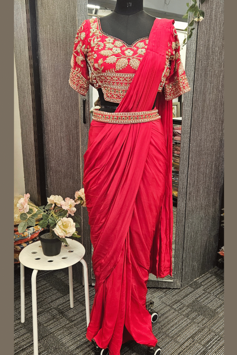 Graceful Drape Saree With Belt And Handcrafted  Blouse - Image 3