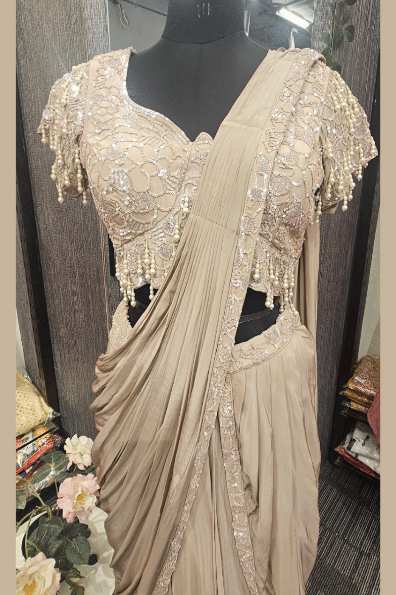 Rich Nude Drape Saree With Handcrafted Blouse - Image 4