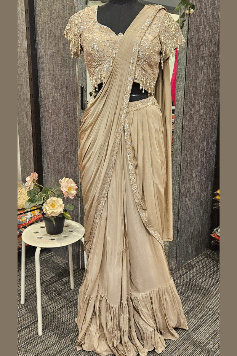 Rich Nude Drape Saree With Handcrafted Blouse - Image 3