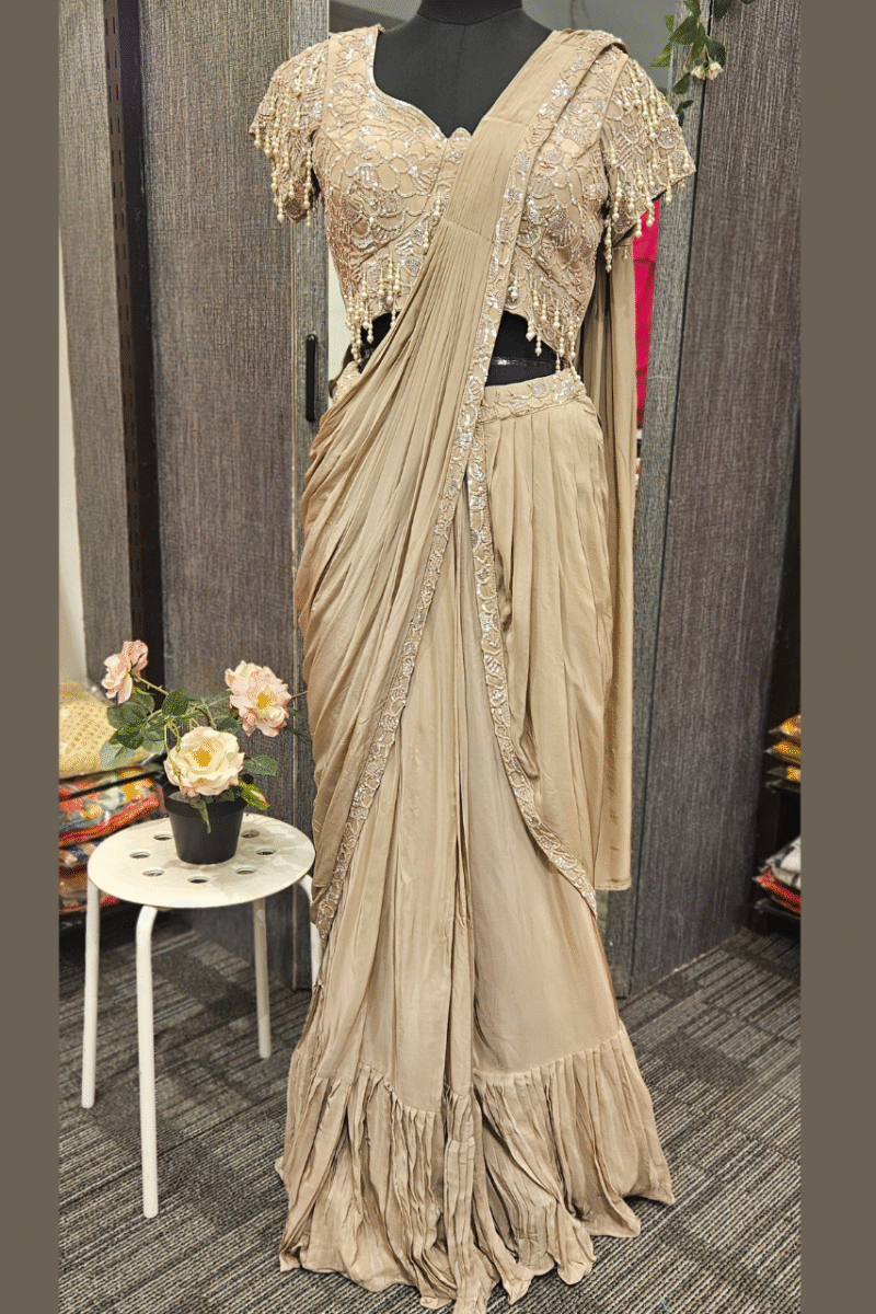 Rich Nude Drape Saree With Handcrafted Blouse