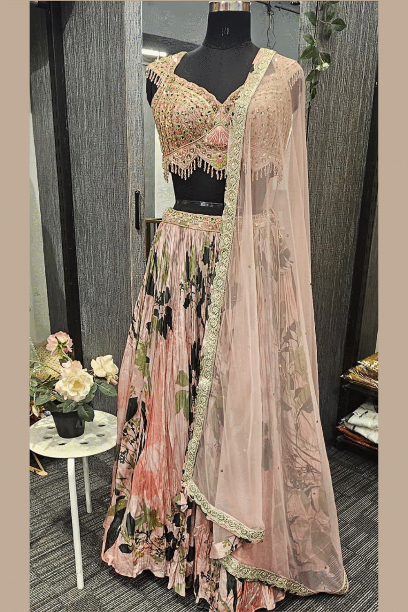 Elegant Floral Print Ghaghra Set With Handwork