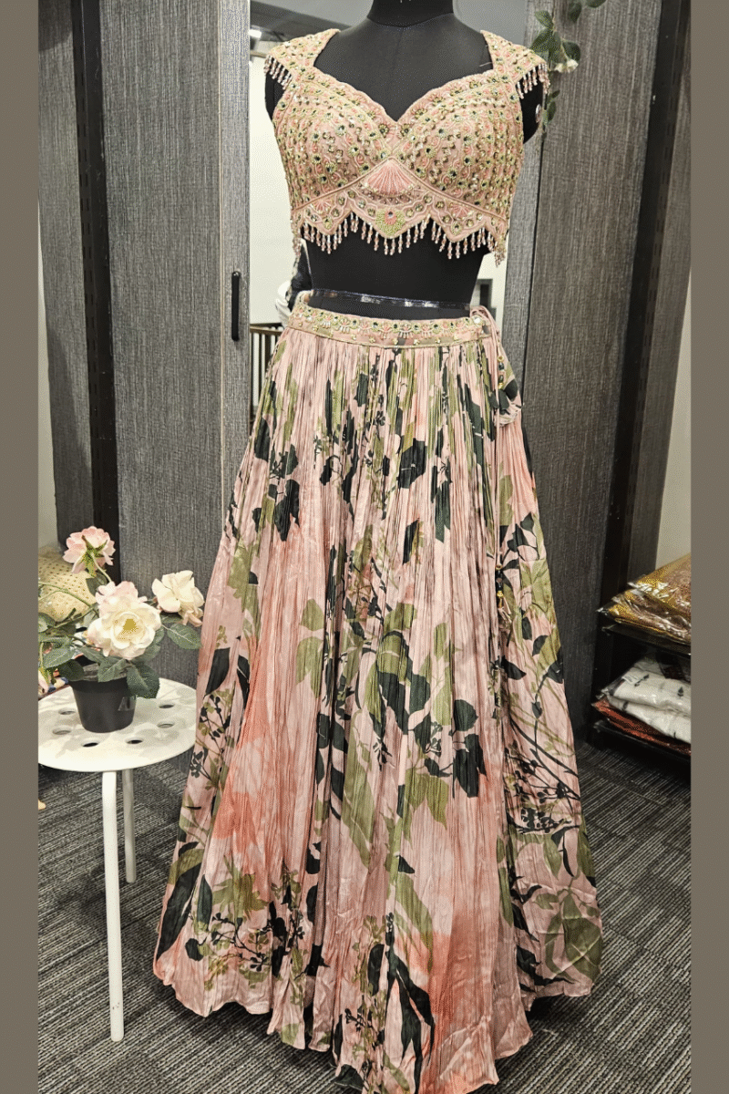 Elegant Floral Print Ghaghra Set With Handwork - Image 2