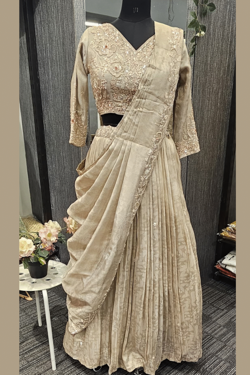 Beige Pleated Tissue Ghaghra Set With Handwork - Image 3