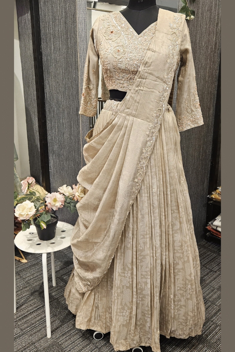 Beige Pleated Tissue Ghaghra Set With Handwork