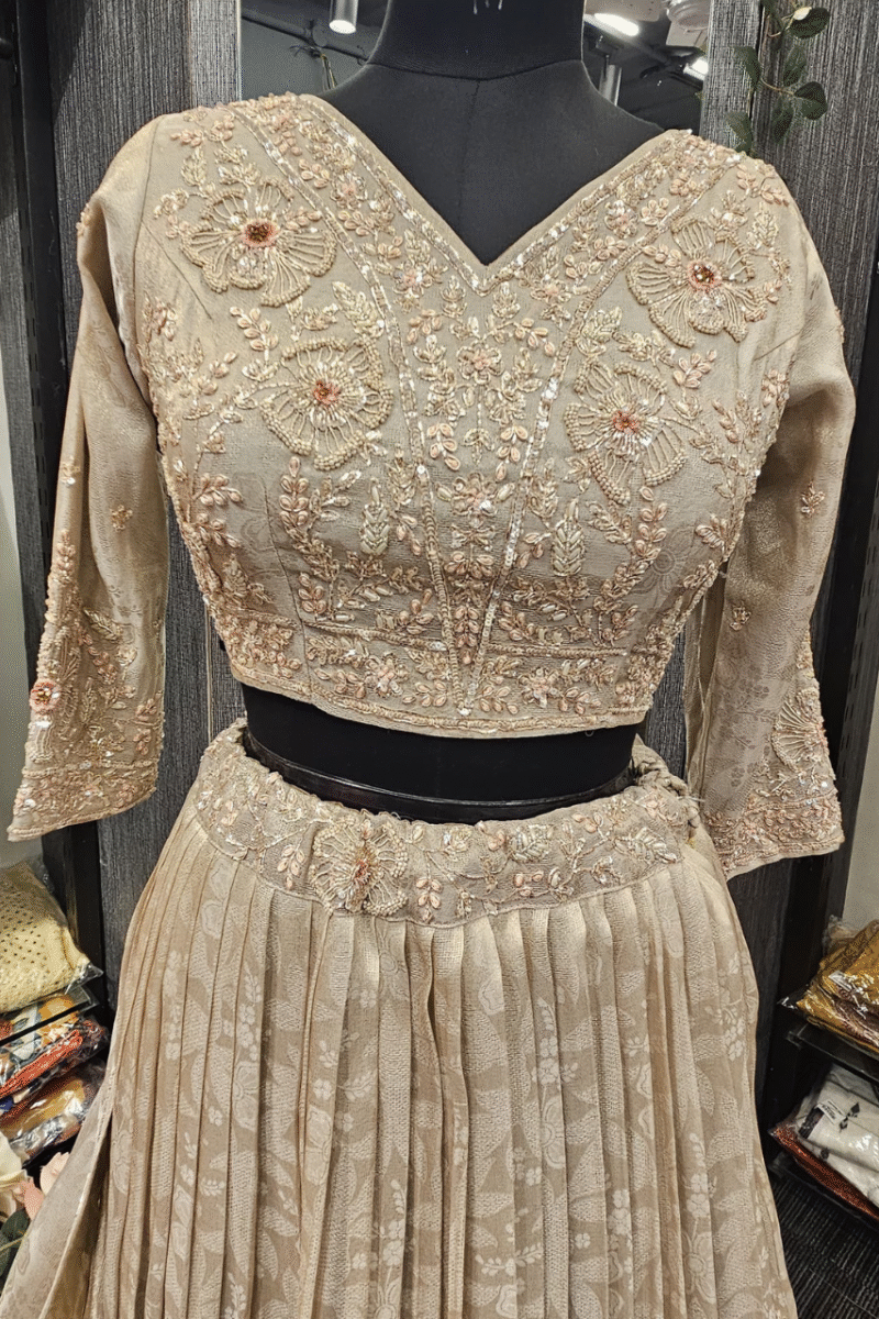 Beige Pleated Tissue Ghaghra Set With Handwork - Image 2