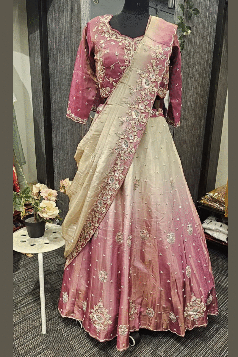 Cream & Onion Pink Ombre Ghaghra Set With Handwork - Image 3