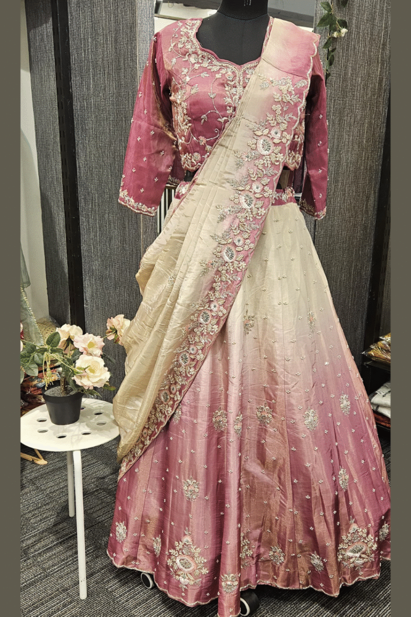 Cream & Onion Pink Ombre Ghaghra Set With Handwork