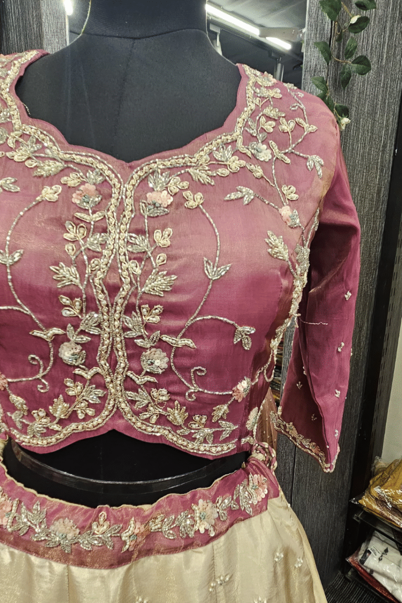 Cream & Onion Pink Ombre Ghaghra Set With Handwork - Image 6