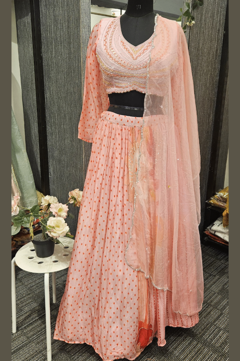 Peachy Pink Printed Ghaghra Set With Handwork