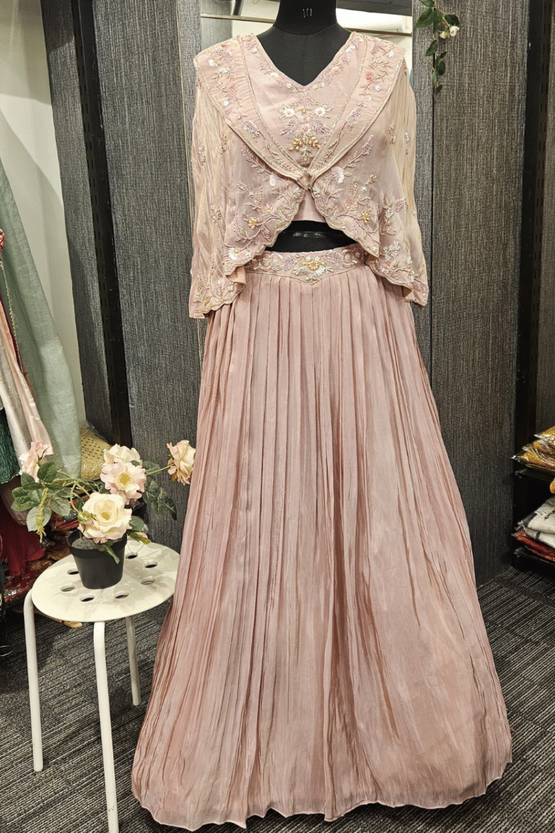 Blush Pink Pleated Ghaghra Set With Handwork - Image 3