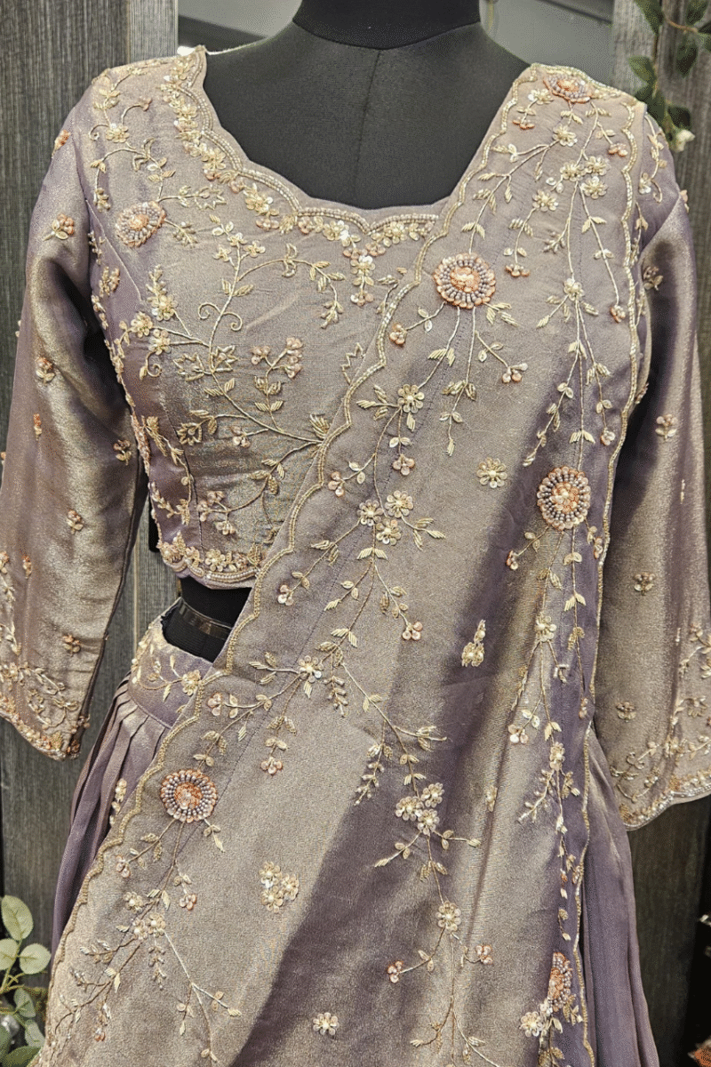 Dusty Lavender Pleated Tissue Ghaghra Set With Handwork - Image 2