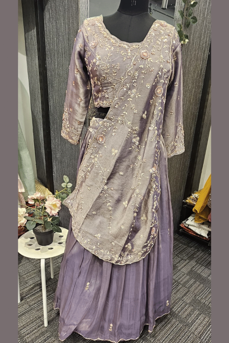 Dusty Lavender Pleated Tissue Ghaghra Set With Handwork