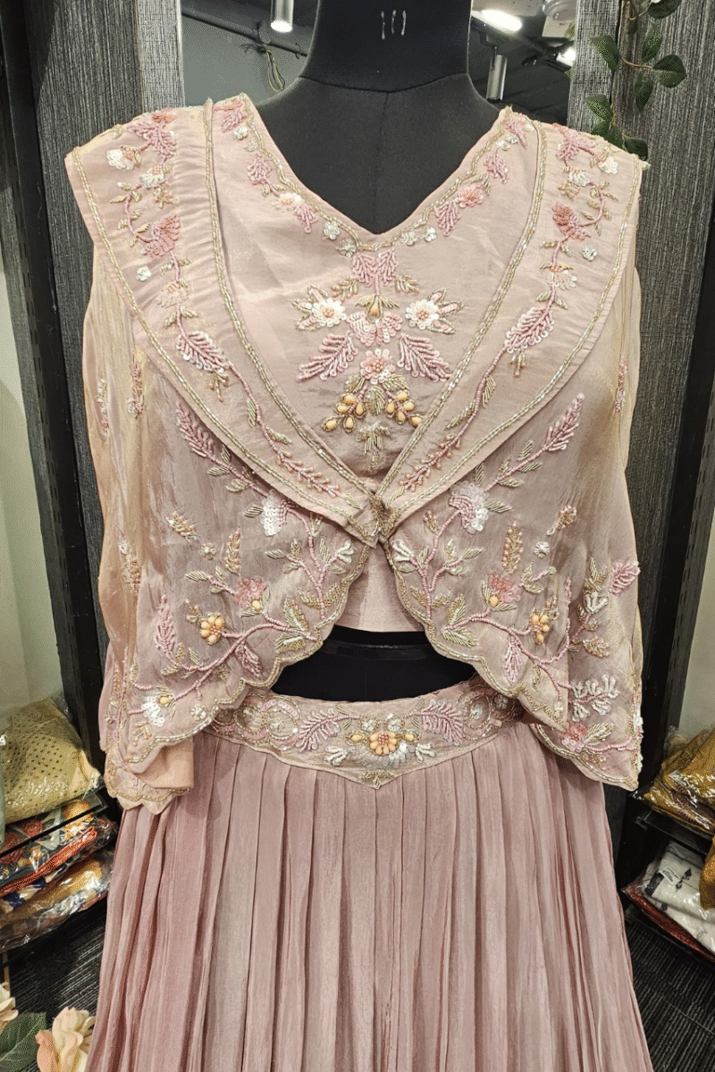 Blush Pink Pleated Ghaghra Set With Handwork - Image 2