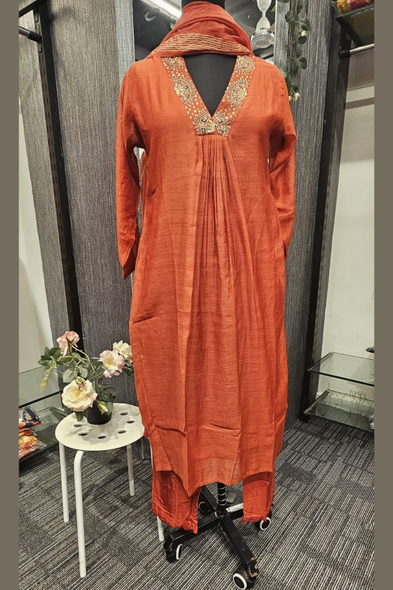 Rust Mal Chanderi Kurta Set
