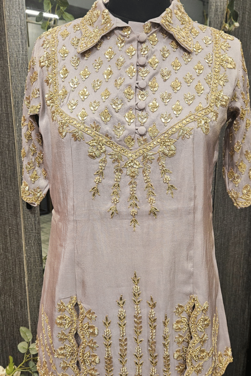 Collared Kurti Plazzo Set With Handwork - Image 6