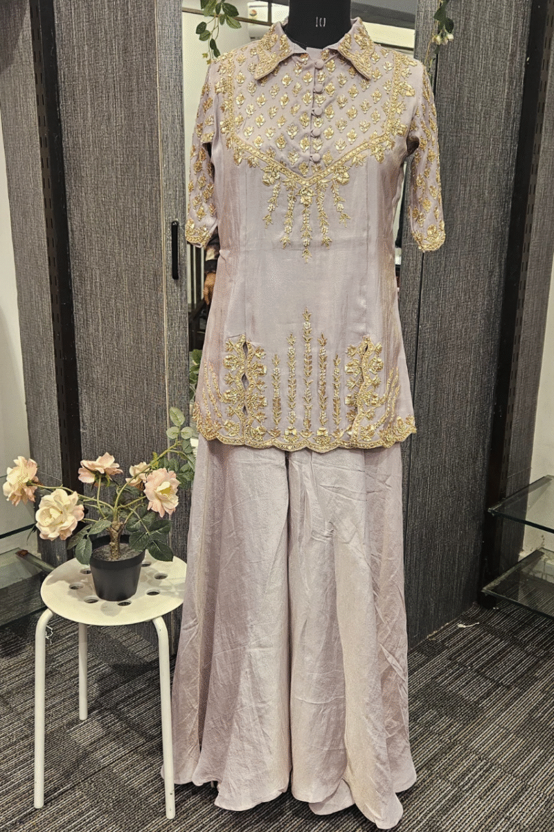 Collared Kurti Plazzo Set With Handwork - Image 4