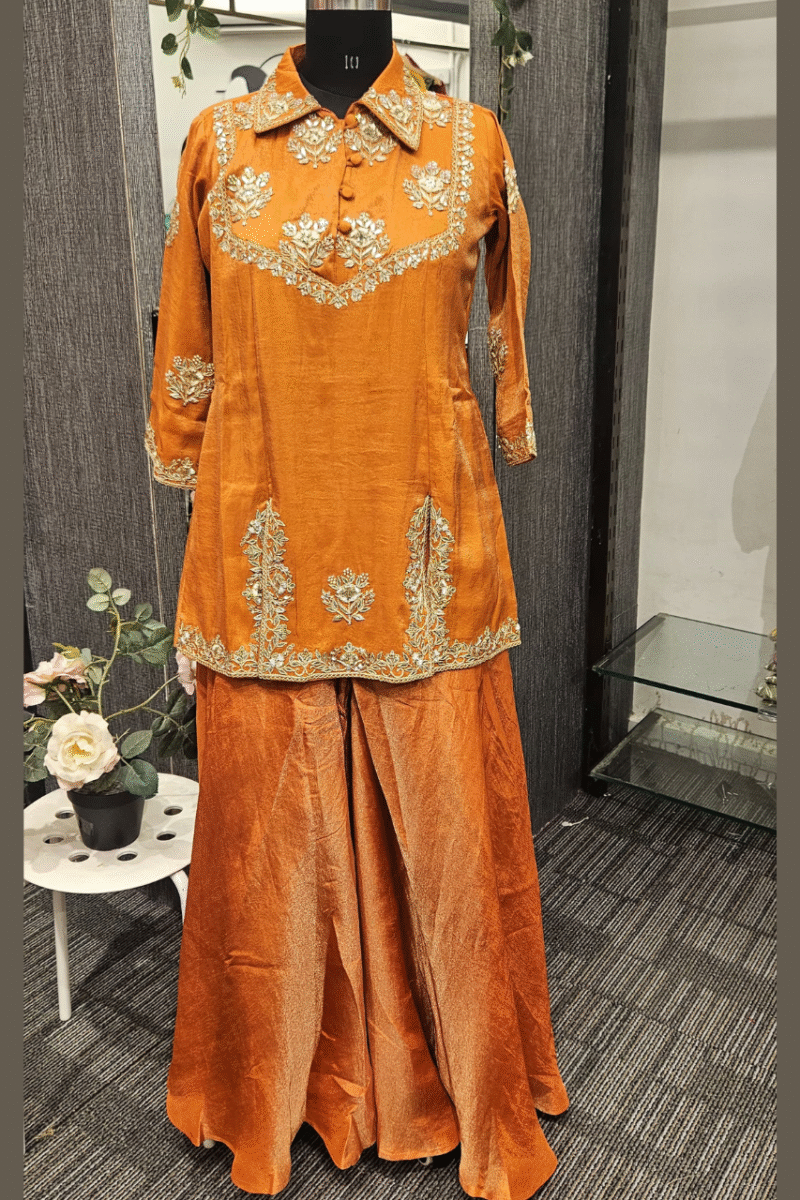 Rust Orange Collared Kurti Plazzo Set With Handwork