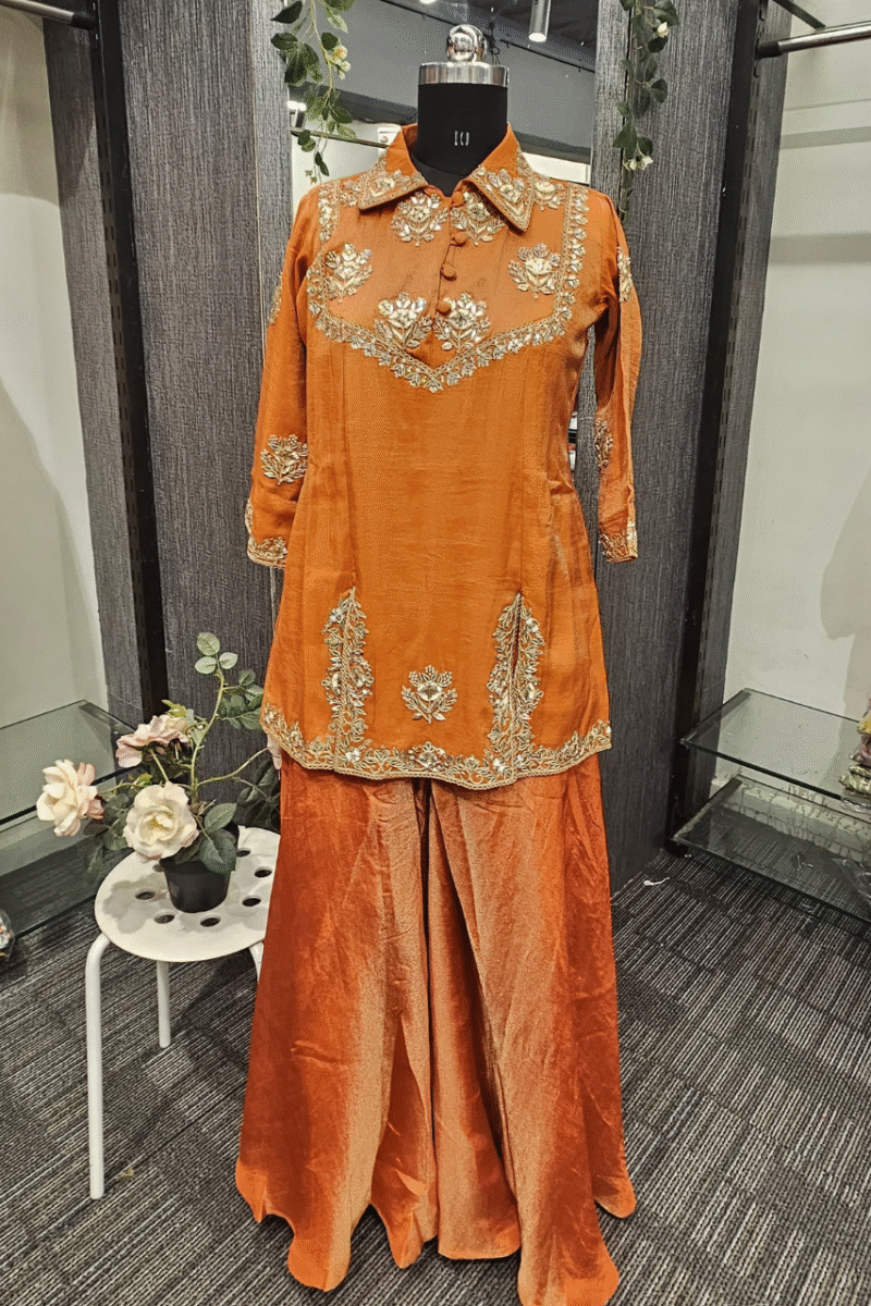 Rust Orange Collared Kurti Plazzo Set With Handwork - Image 3