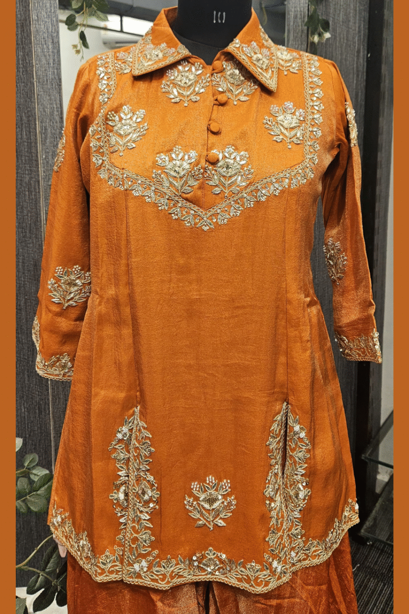 Rust Orange Collared Kurti Plazzo Set With Handwork - Image 2