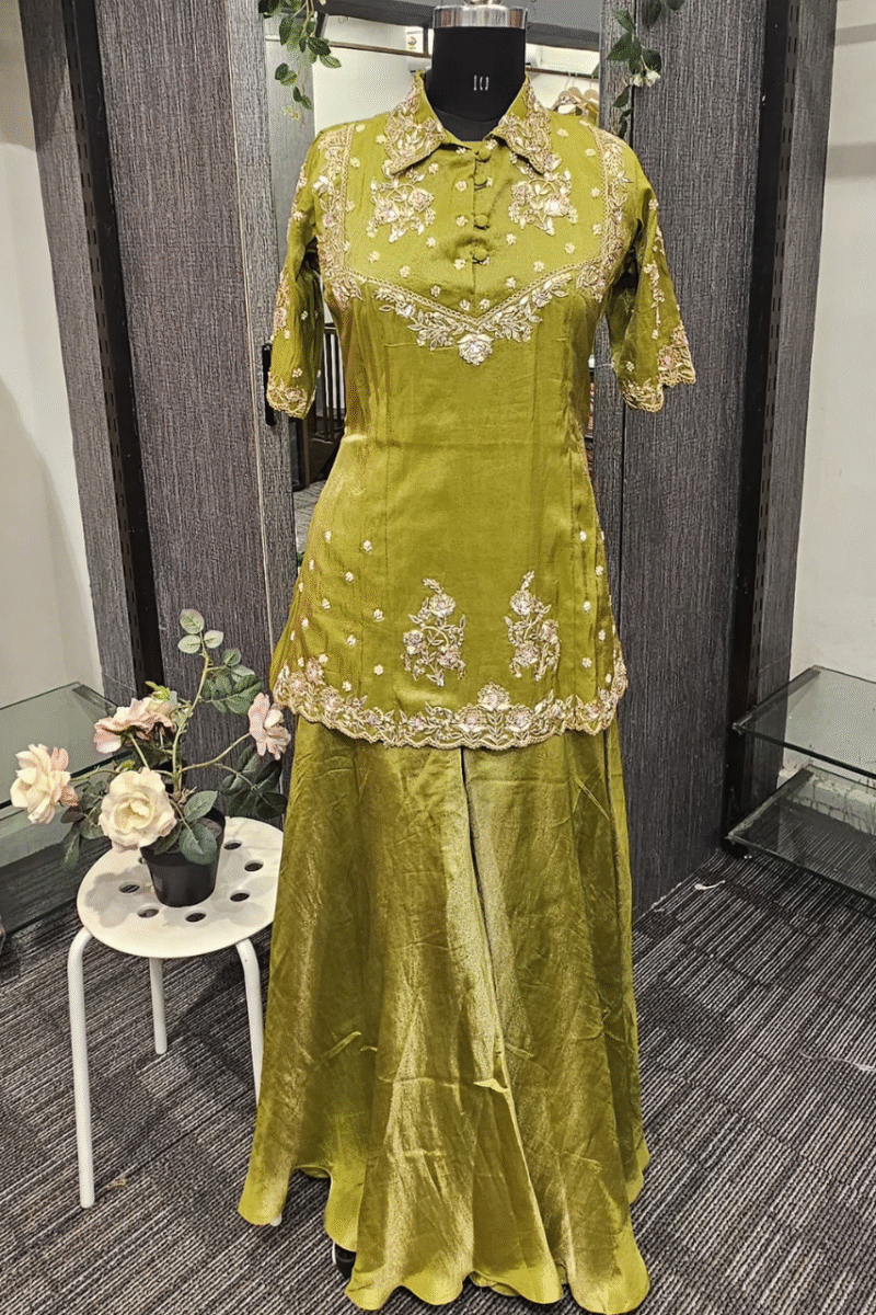 Earthy Green Collared Kurti Plazzo Set With Handwork