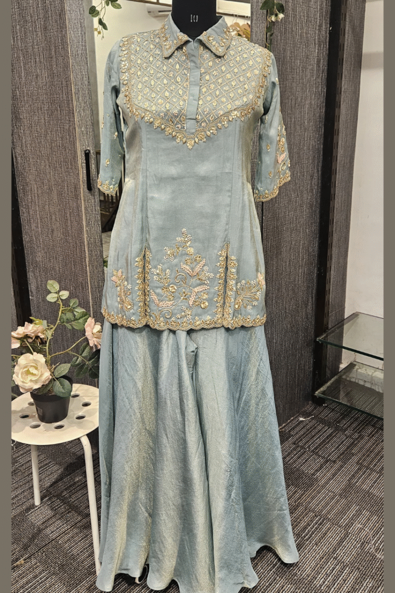 Sky Blue Collared Kurti Plazzo Set With Handwork - Image 2