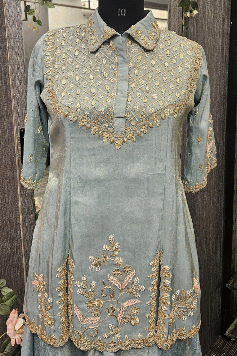 Sky Blue Collared Kurti Plazzo Set With Handwork - Image 3